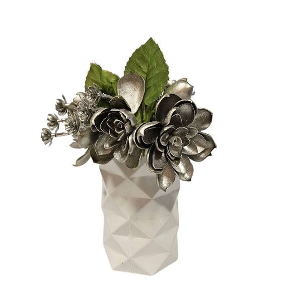 Silver Floral Arrangement in White Vase - Picture 1 of 7
